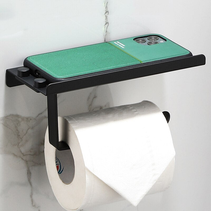 Aluminum Alloy Paper Towel Rack Public Toilet Mobile Phone Holder Bathroom Roll Holder Black Tissue Rack Wall Mounted - Provence Home Living Store