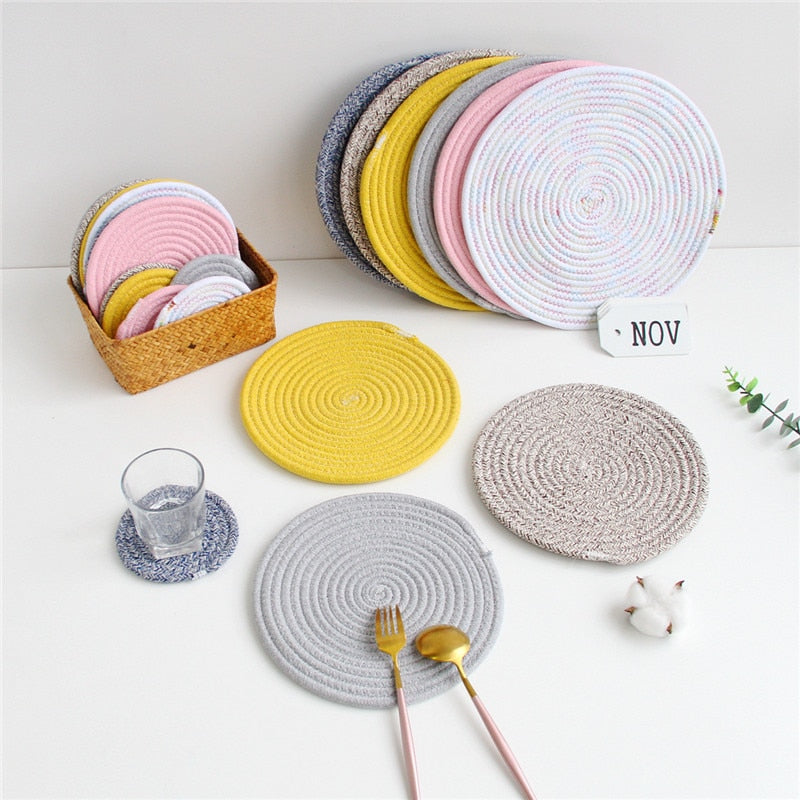 Handmade Cotton Rope Placemat Hand Woven Table Mats Napkin Tableware Drink Cup Coaster Insulation Pad Kitchen Dinner Home Decor - Provence Home Living Store