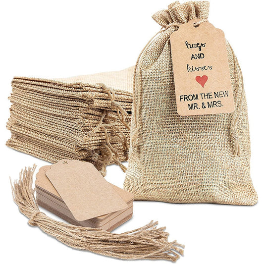 Burlap Packing Pouches Drawstring Bags Kraft Tags &amp; Hemp Cord Twine String for Jewelry Making Birthday Party Supply Storage Gift - Provence Home Living Store