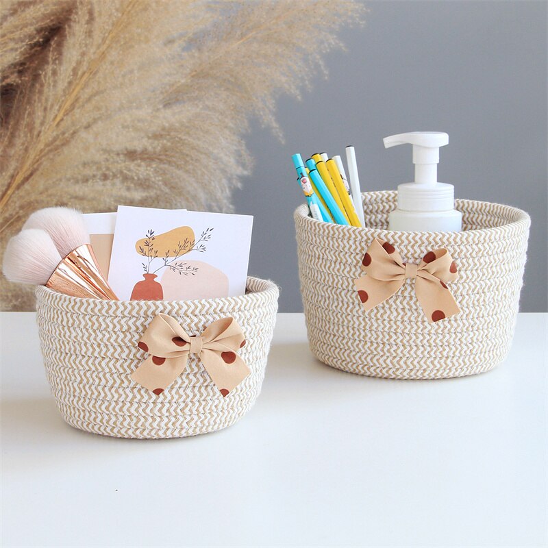 Bowknot Cotton Rope Storage Basket Weaving Nordic Sundries Baby Toys Dirty Clothes Finishing Baskets Desktop Small Organizer Box - Provence Home Living Store