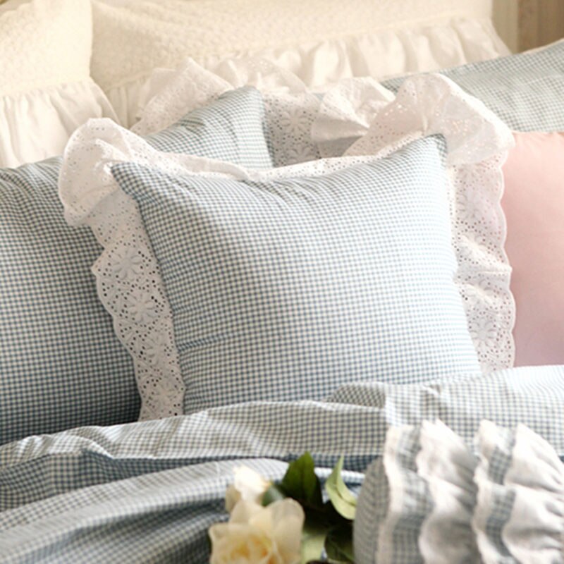 New classic blue plaid decorative pillowcase European embroidered pillow case princess ruffle pillow cover (not include filler) - Provence Home Living Store