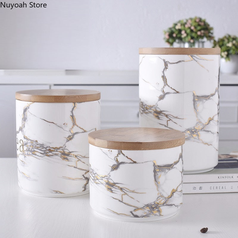 Nordic Ceramic Storage Jar Marble Grain Wooden Cover Sealed Jar Handicraft Luxury Home Storage Supplies/Kitchen Grain Dispenser - Provence Home Living Store