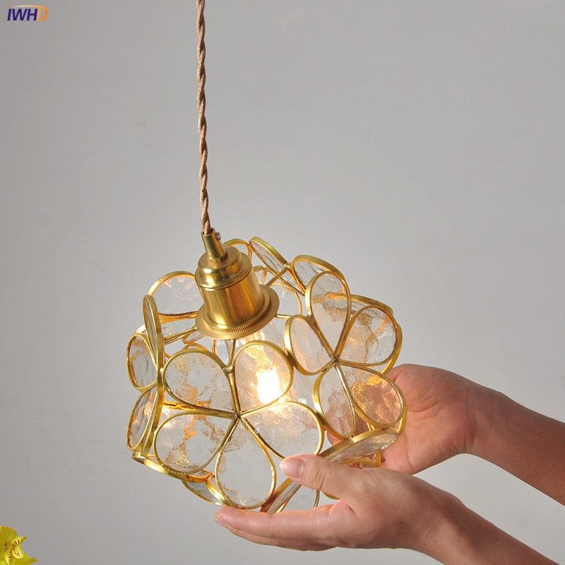 IWHD Nordic Flower Copper Pendant Lighting Fixtures Bedroom Dinning Living Room Glass LED Pendant Light Fixtures Luminaria - Provence Home Living Store