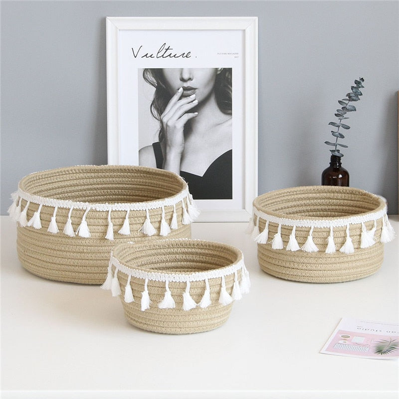 Nordic Cotton Rope Storage Baskets With Tassel Handmade Woven Dirty Clothes Laundry Basket Desktop Sundries Organizer Hamper - Provence Home Living Store