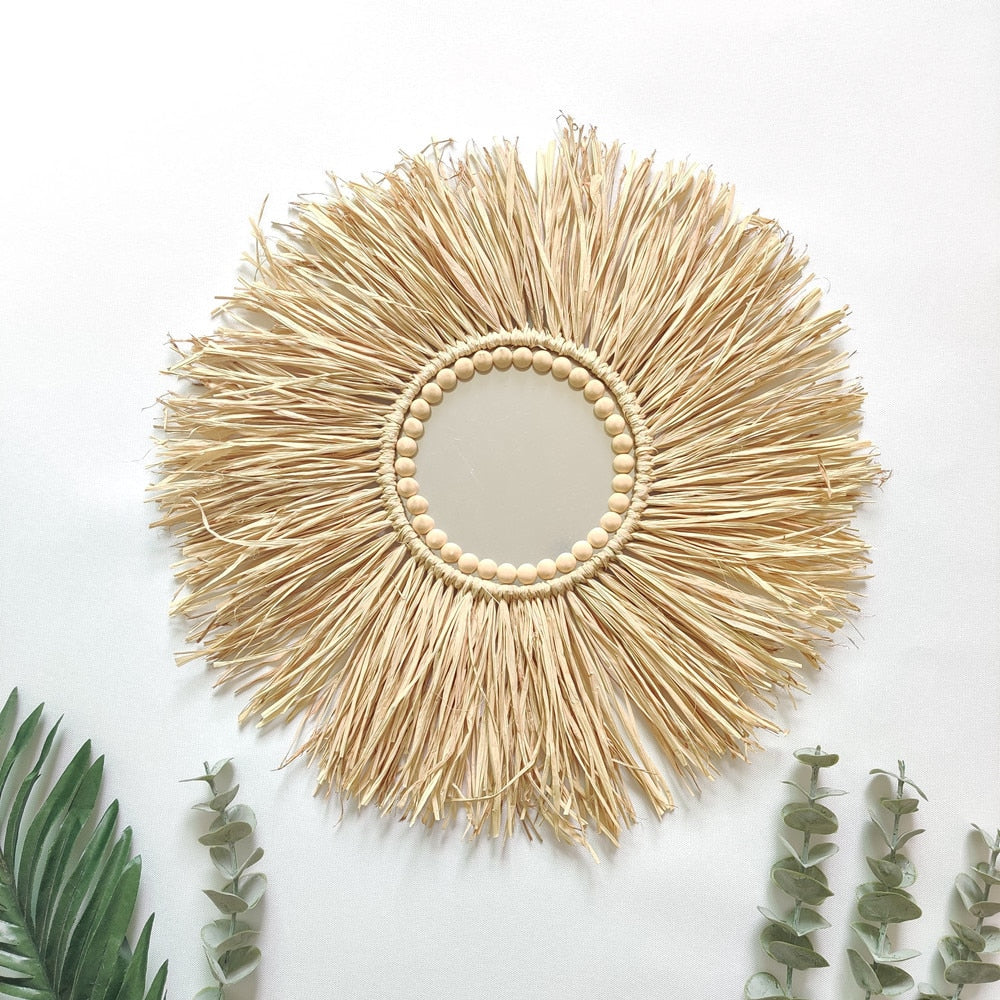 INS Nordic Round Woven Raffith Straw Mirror Moroccan Wood Beads Hanging Makeup Mirrors Wall Ornaments Homestay Home Decor Crafts - Provence Home Living Store