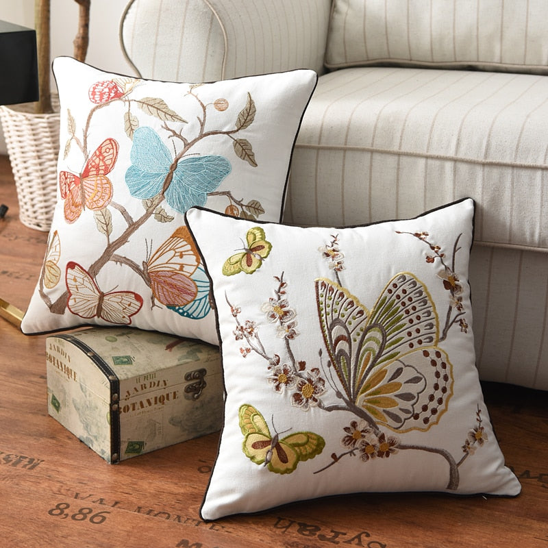 Butterfly Cushion Cover 45x45cm Floral Country Style Pillow Cover Cotton  Embroidery Suqare Home decoration  for Living Room - Provence Home Living Store