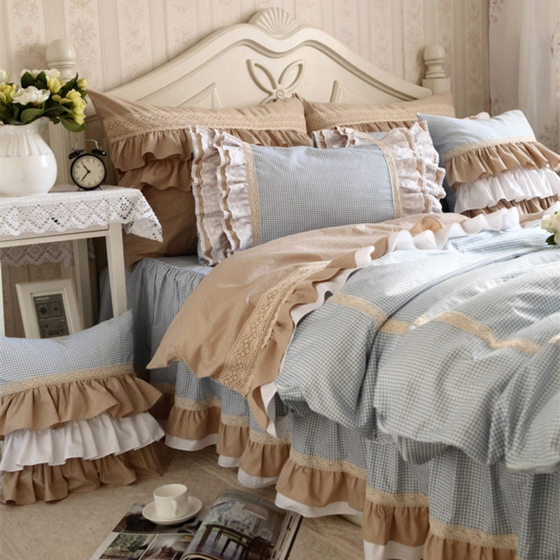 New classic blue lace bedding set flounces lattice block process princess bedding ruffle duvet cover bedskirt bed sheet sets - Provence Home Living Store