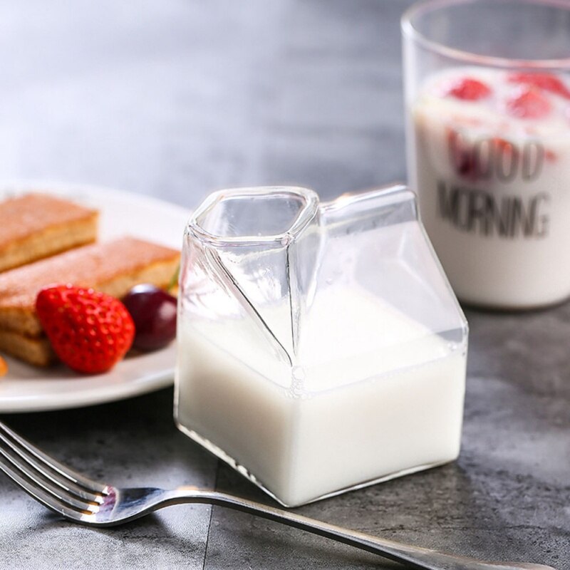 Square Glass Milk Box Cup Creative Transparent Glass Cup Nutrition Breakfast Cup Microwave Use Home Juice Coffee Milk Cup - Provence Home Living Store