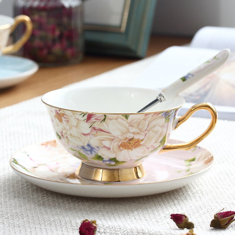 Elegant Gold Ceramic British Style Afternoon Tea Dessert Flower Tea Cup and Saucer Coffee Cup With Gold Handle office mug - Provence Home Living Store