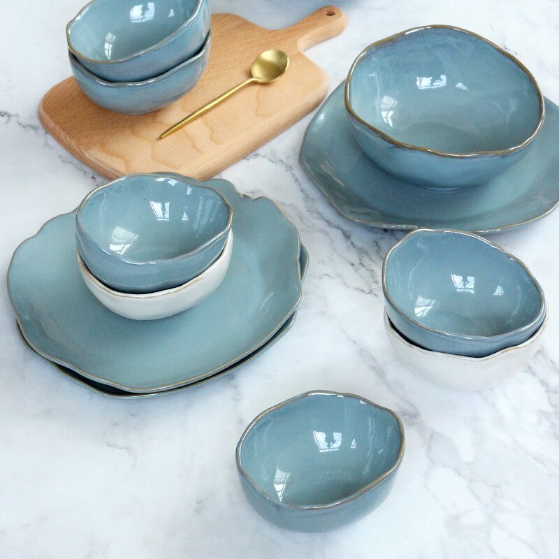 Nordic Creative Ceramic Tableware Irregular Fruit Salad Bowl Hotel Restaurant Western Food Plate Sea Blue Ceramic Dinner Set - Provence Home Living Store