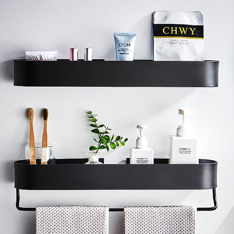 Bathroom Shelf Rack Wall Mounted Shelves Bath Towel Holder Black Shower Storage Basket Kitchen Organizer Bathroom Accessories - Provence Home Living Store