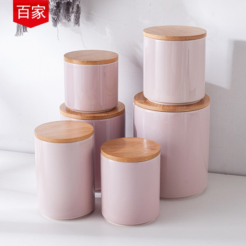 Creative Wooden Lid Ceramic Sealed Jar Kitchen Food Storage Bottle Moisture-proof Tea Candy Jar Bottle Container Home Decoration - Provence Home Living Store