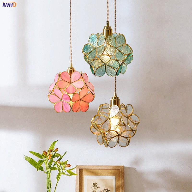 IWHD Nordic Flower Copper Pendant Lighting Fixtures Bedroom Dinning Living Room Glass LED Pendant Light Fixtures Luminaria - Provence Home Living Store