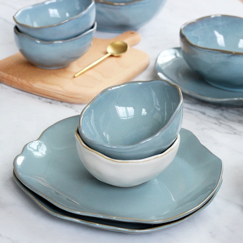 Nordic Creative Ceramic Tableware Irregular Fruit Salad Bowl Hotel Restaurant Western Food Plate Sea Blue Ceramic Dinner Set - Provence Home Living Store