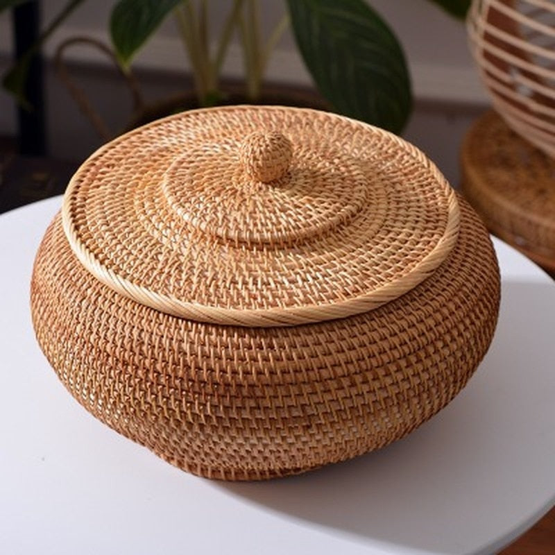 Round Rattan Boxes with Lid Hand-Woven Multi-Purpose Wicker Tray 11 Inch Picnic Food Bread Table Storage Basket WF - Provence Home Living Store