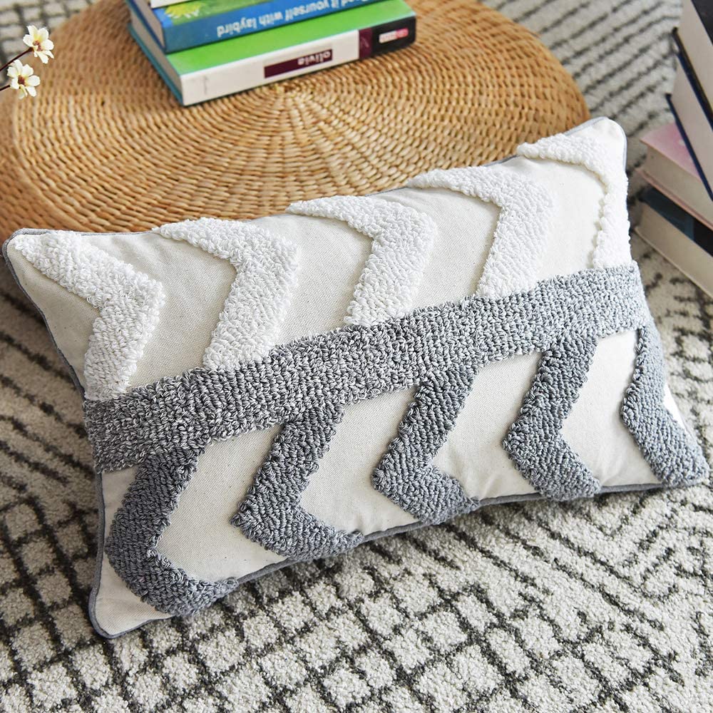 Cushion cover 30x50cm/45x45cm Pillow Cover Grey Ivory Embroidery Morroccan Style Zigzag for Home decoration Living room Bed Room - Provence Home Living Store