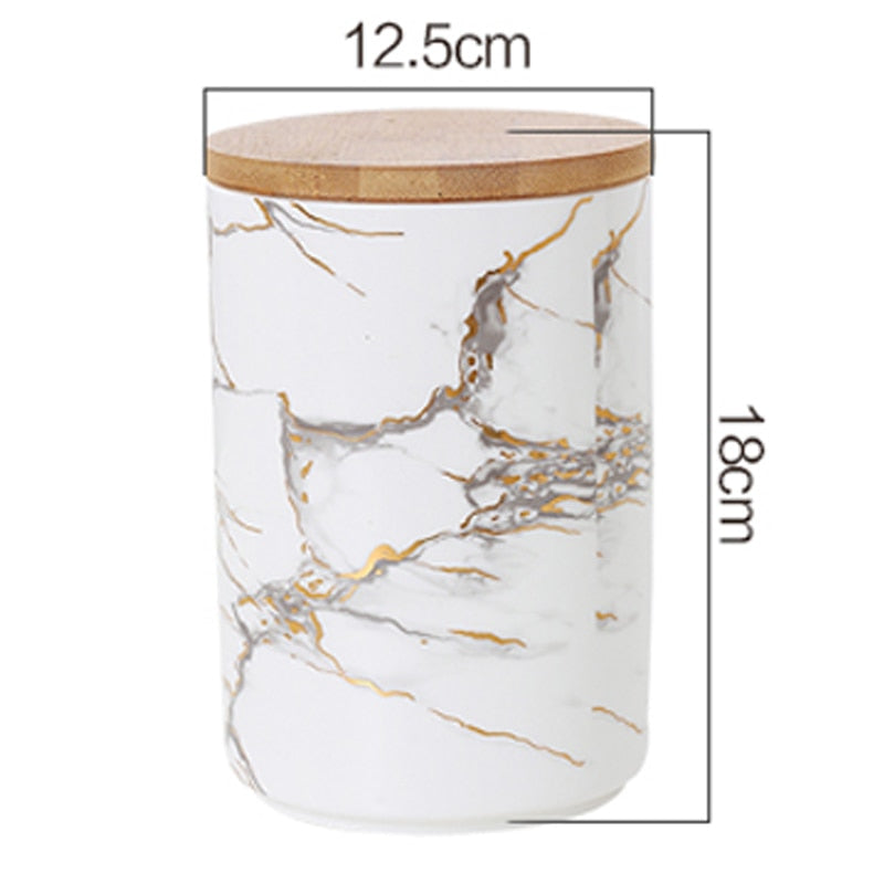 Nordic Ceramic Storage Jar Marble Grain Wooden Cover Sealed Jar Handicraft Luxury Home Storage Supplies/Kitchen Grain Dispenser - Provence Home Living Store