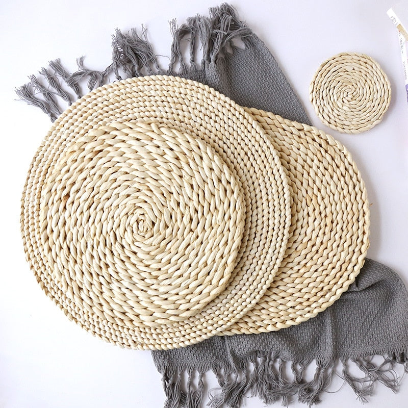 Round Rattan Placemats Natural Corn Straw Woven Dining Table Mats Heat Insulation Pot Holder Cup Coasters Kitchen Accessories - Provence Home Living Store