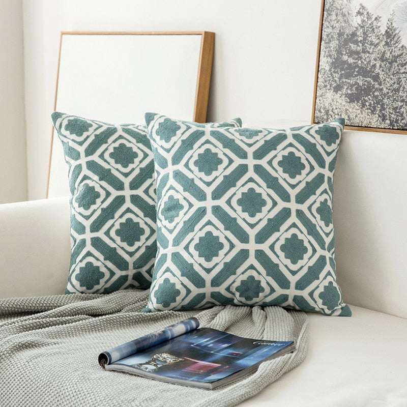 Home Decor Embroidered Cushion Cover Grey Blue/White Geometric Floral Canvas Cotton Suqare Embroidery Pillow Cover 45x45cm - Provence Home Living Store