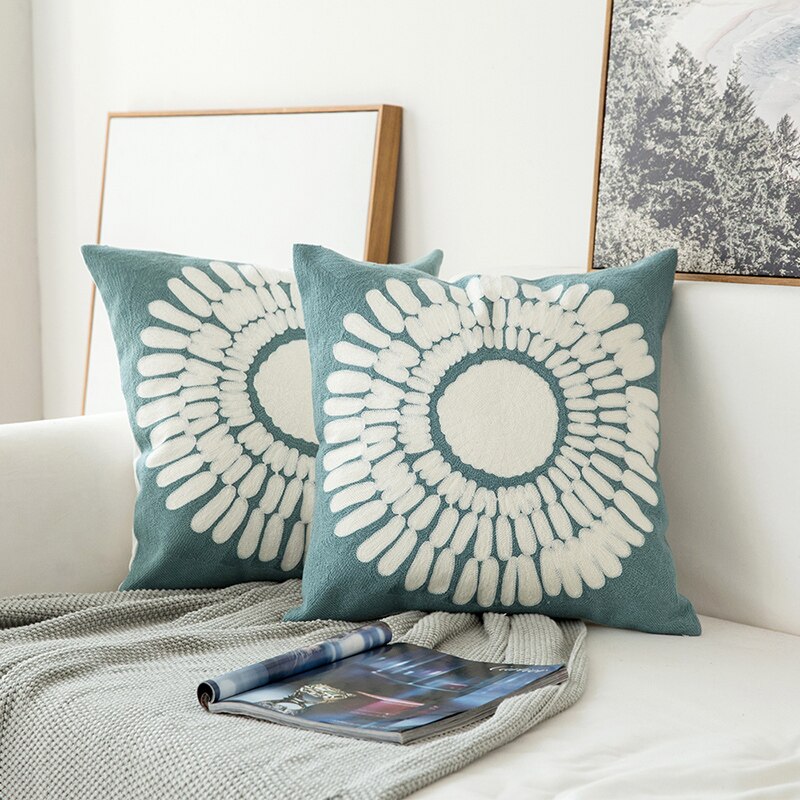 Home Decor Embroidered Cushion Cover Grey Blue/White Geometric Floral Canvas Cotton Suqare Embroidery Pillow Cover 45x45cm - Provence Home Living Store