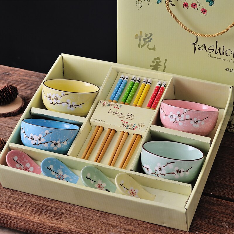 Creative ceramic bowl household tableware  4 bowls chinese gift dinnerware set tableware gift boxes wedding - Provence Home Living Store