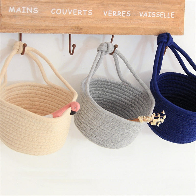 Cotton Rope Woven Storage Basket Wall Hanging Flower Baskets Desktop Sundries Snacks Organizer Box Kids Toys Cosmetics Container - Provence Home Living Store