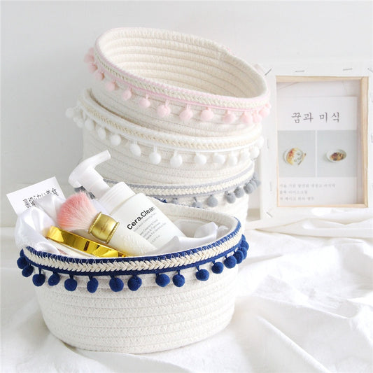 Cotton Rope Storage Baskets With Pompom Handmade Woven Dirty Clothes Laundry Basket Kids Toy Desktop Sundries Organizer Hamper - Provence Home Living Store