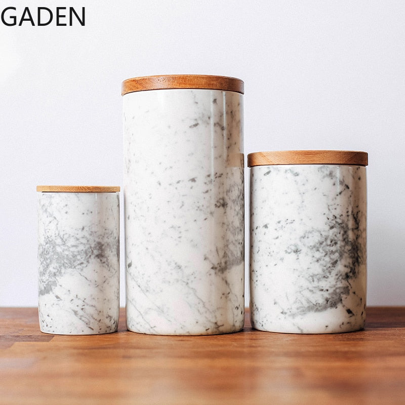 Ceramic Marble Sealed Jar Kitchen Storage Box Storage Jar Tea Caddy Grain Dispenser with Lid Nordic Retro Storage Supplies - Provence Home Living Store