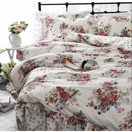 New garden flower print bedding set European ruffle duvet cover elegant bed skirt bedspread princess bed clothes - Provence Home Living Store