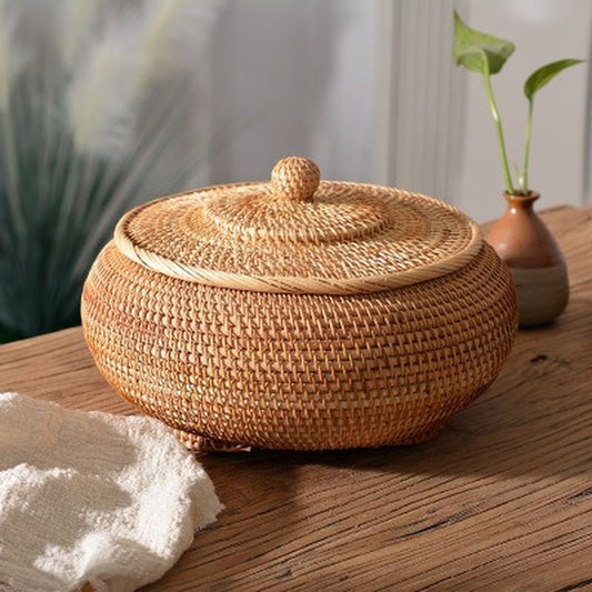 Round Rattan Boxes with Lid Hand-Woven Multi-Purpose Wicker Tray 11 Inch Picnic Food Bread Table Storage Basket WF - Provence Home Living Store