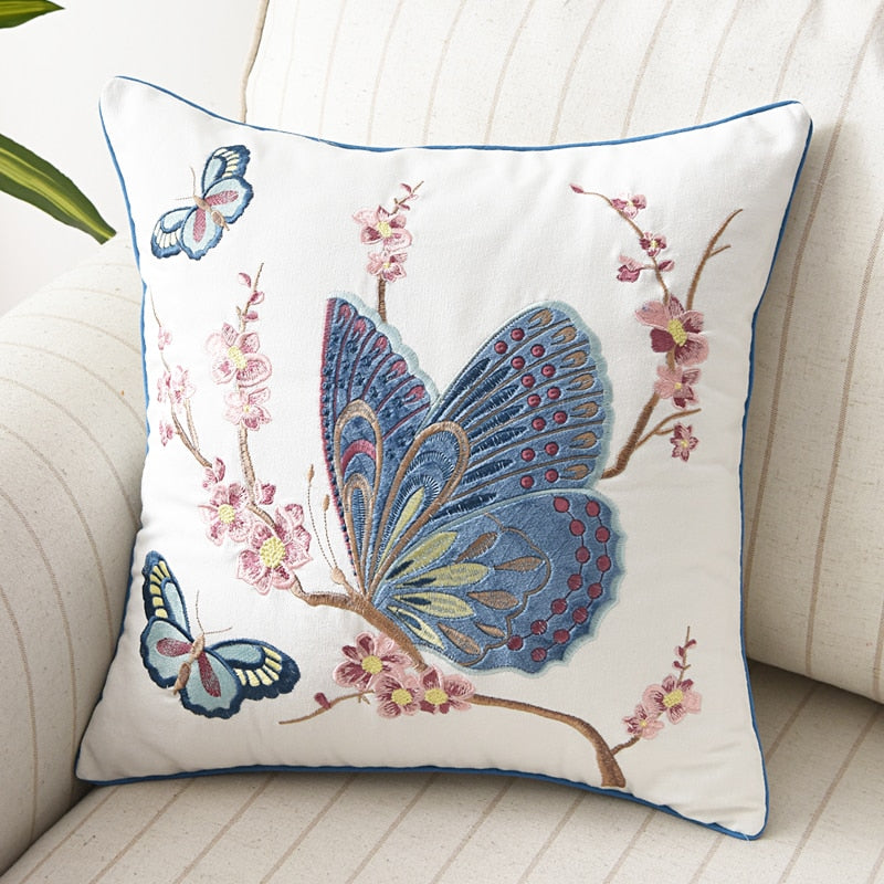 Butterfly Cushion Cover 45x45cm Floral Country Style Pillow Cover Cotton  Embroidery Suqare Home decoration  for Living Room - Provence Home Living Store