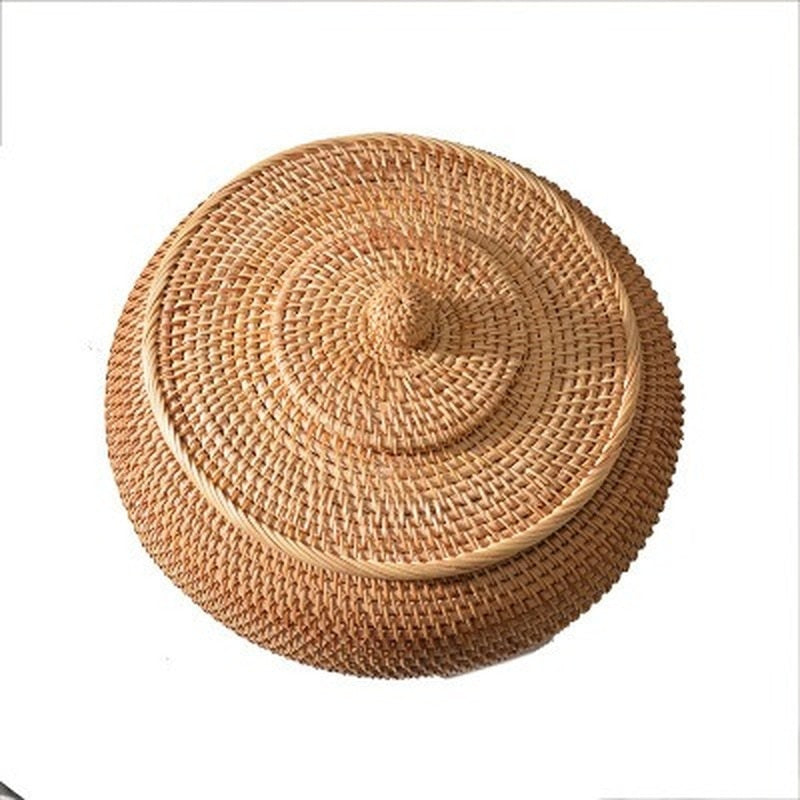 Round Rattan Boxes with Lid Hand-Woven Multi-Purpose Wicker Tray 11 Inch Picnic Food Bread Table Storage Basket WF - Provence Home Living Store