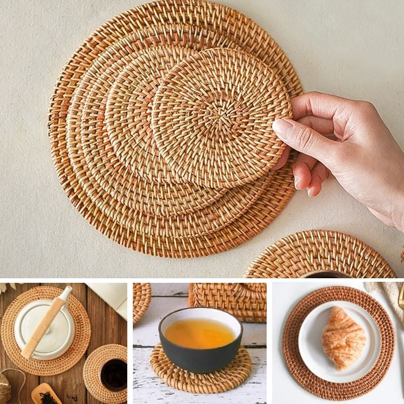 Cup Mat Round Natural Rattan Hot Pad ,Hand Woven Hot Insulation Placemats Table Padding Kitchen Decoration Accessories - Provence Home Living Store