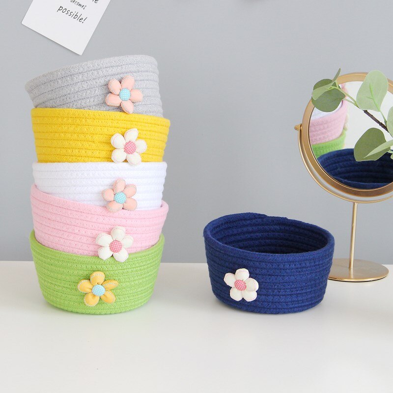 Hand Woven Cotton Rope Storage Basket With Flower Decor Desktop Sundries Kids Toys Organizer Box Dirty Clothes Laundry Baskets - Provence Home Living Store