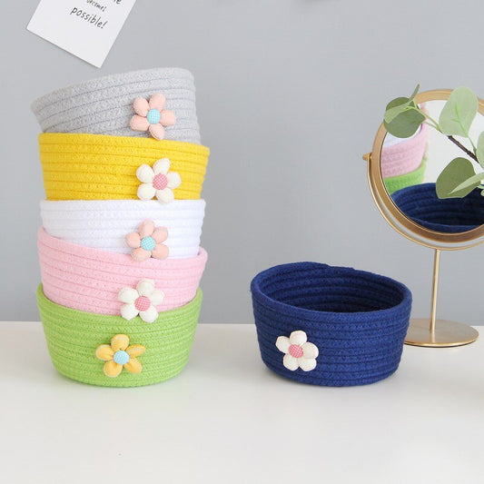 Hand Woven Cotton Rope Storage Basket With Flower Decor Desktop Sundries Kids Toys Organizer Box Dirty Clothes Laundry Baskets - Provence Home Living Store