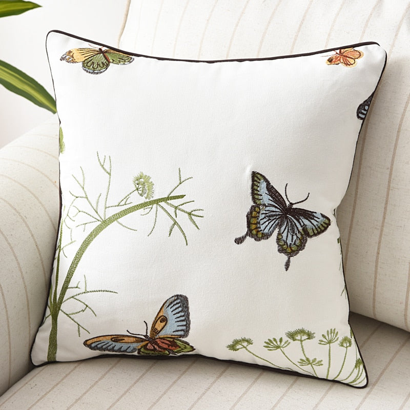 Butterfly Cushion Cover 45x45cm Floral Country Style Pillow Cover Cotton  Embroidery Suqare Home decoration  for Living Room - Provence Home Living Store