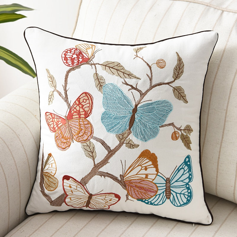 Butterfly Cushion Cover 45x45cm Floral Country Style Pillow Cover Cotton  Embroidery Suqare Home decoration  for Living Room - Provence Home Living Store