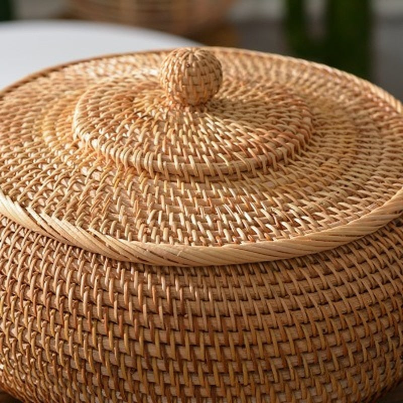 Round Rattan Boxes with Lid Hand-Woven Multi-Purpose Wicker Tray 11 Inch Picnic Food Bread Table Storage Basket WF - Provence Home Living Store