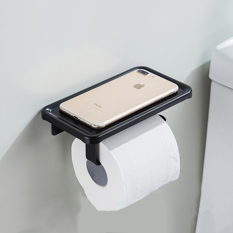 Black Wall Mounted Toilet Paper Holder Aluminium Tissue Paper Rack Roll Holder With Phone Storage Shelf Bathroom Accessories - Provence Home Living Store