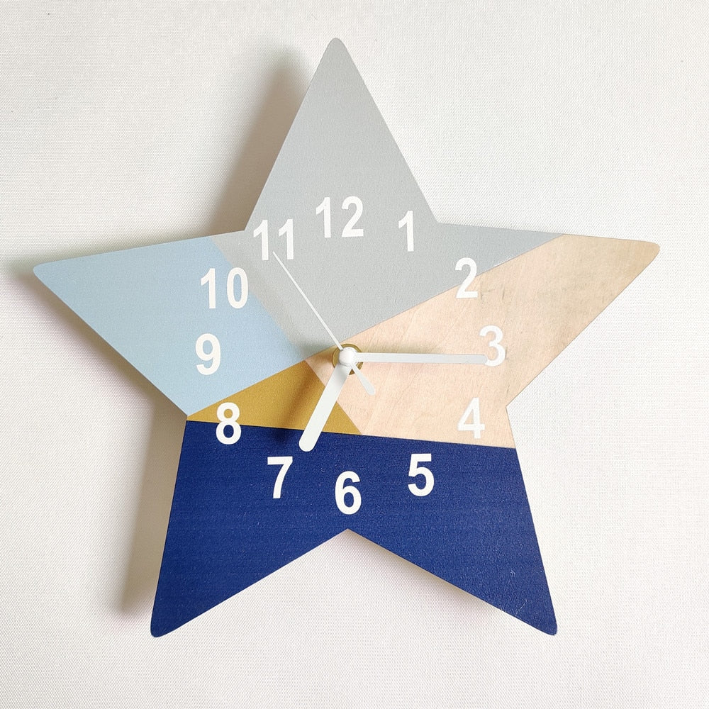 INS Nordic Wooden Geometric Wall Clock Blue Series Five Pointed Shaped Digital Wood Mute Silent Clocks Living Room Hanging Watch - Provence Home Living Store