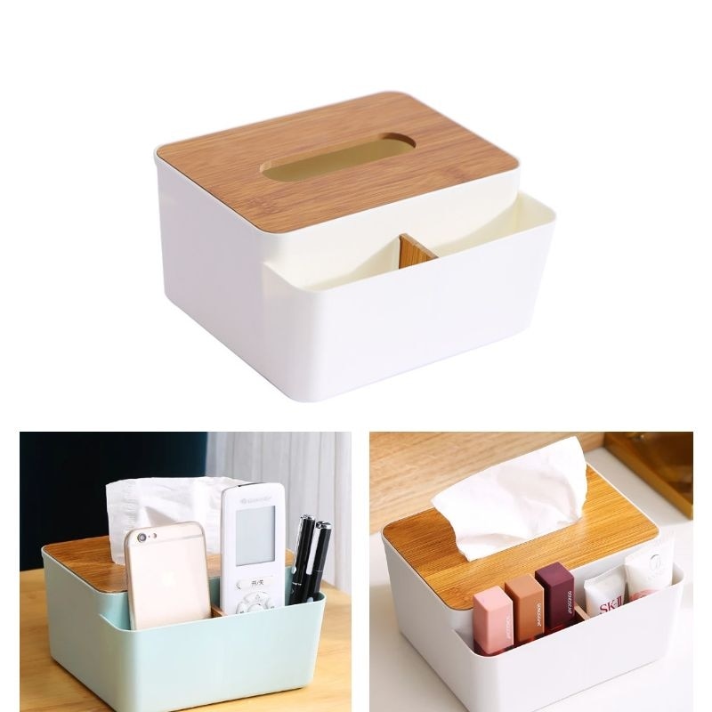 Tissue Storage Box Multi Function TV Remote Control Dining Table Desktop Tissue Box with Bamboo Lid Household Napkin Holder - Provence Home Living Store