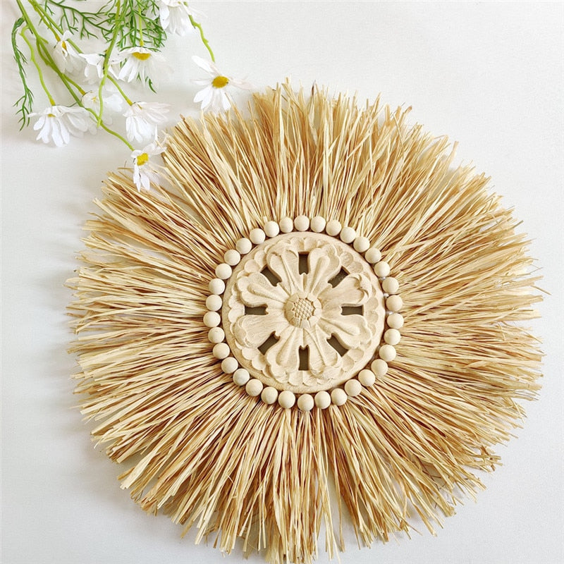 INS Nordic Round Woven Raffith Straw Hanging Pendant Wall Ornaments Moroccan Wooden Beads Carved Handicrafts Homestay Home Decor - Provence Home Living Store