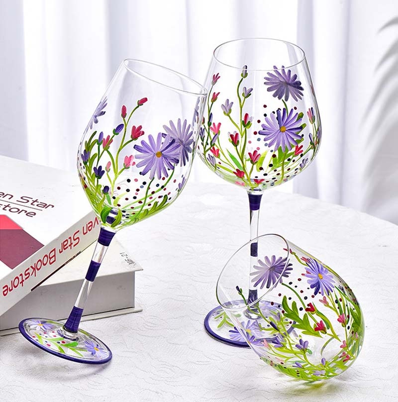 Creative Hand Painted Red Wine Glass Flower Pattern Wine Cup Cocktail Champagne Flutes Crystal Goblet Home Bar Wedding Drinkware - Provence Home Living Store