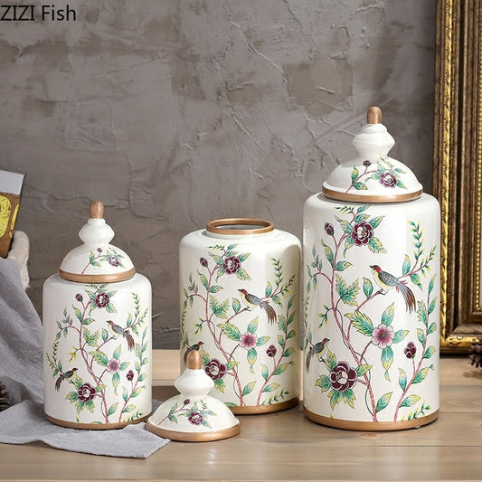 Vintage European Flower and Bird Ceramic Storage Jar Vase Decoration Porcelain Art Crafts Tea Coffee Beans Candy Storage Jar New - Provence Home Living Store