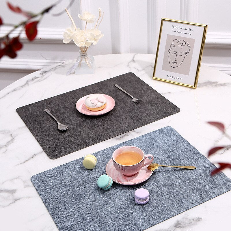 Rectangle Place Mat Tableware Pad PU Leather Waterproof Heat Insulation Coaster TableSoft Blue Washable Bowl - Provence Home Living Store