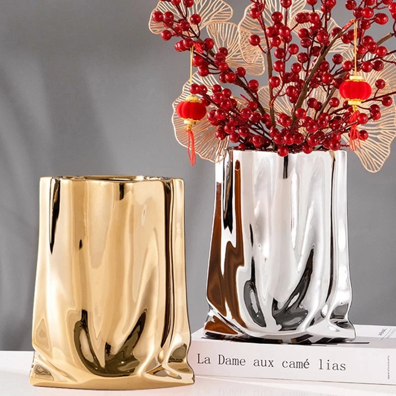 Nordic golden ceramic vase electroplating gold cloth bag ceramic vase living room TV cabinet furniture decoration ornaments vase - Provence Home Living Store