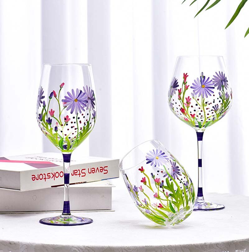 Creative Hand Painted Red Wine Glass Flower Pattern Wine Cup Cocktail Champagne Flutes Crystal Goblet Home Bar Wedding Drinkware - Provence Home Living Store