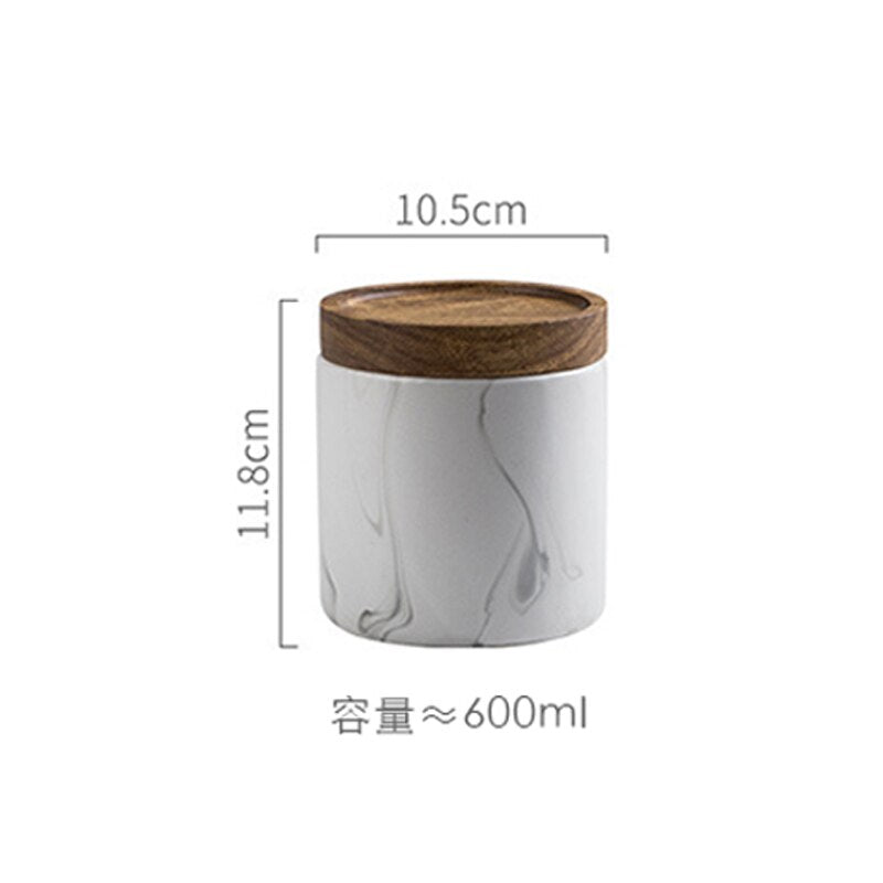 Nordic Marble Pattern Storage Jar with Wooden Lid Ceramic Airtight Jar Coffee/Tea/Candy Jar Living Room Tea Table Decoration - Provence Home Living Store