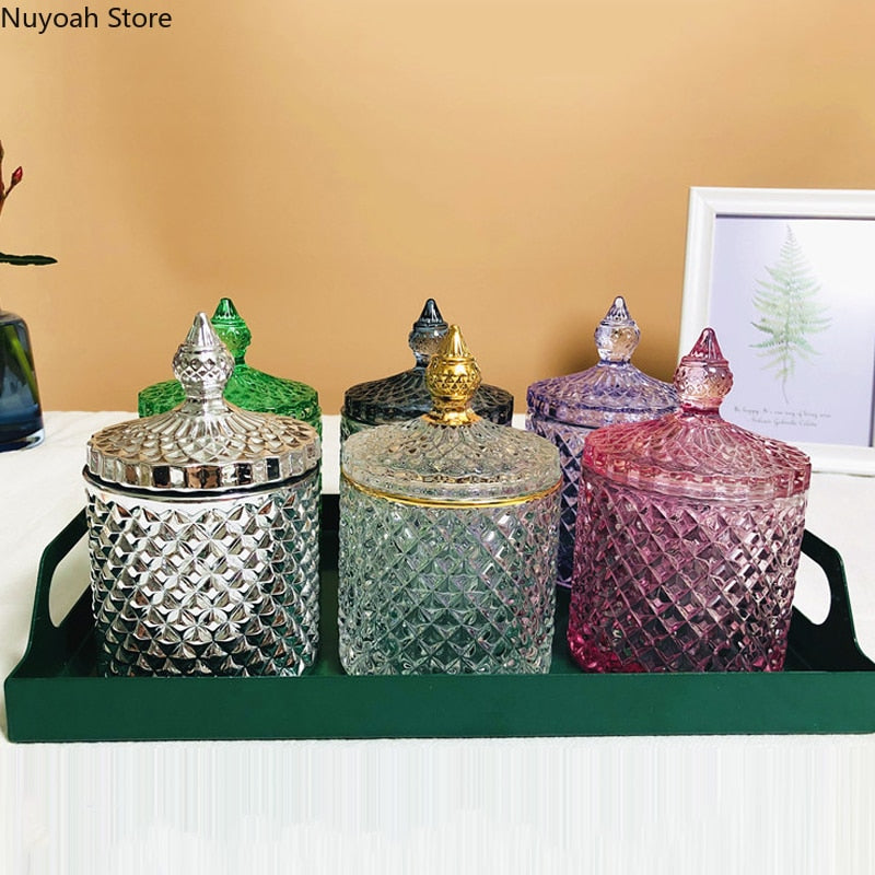 Crystal Glass Jar European-style Diamond Pattern Candy Storage Box Cotton Swab Box Sealed Jar Living Room Home Furnishings - Provence Home Living Store