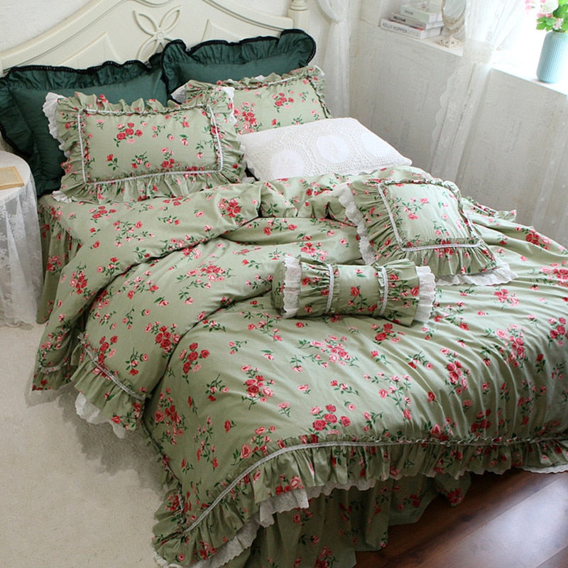 Luxury Vintage Rose printed bedding set Romantic lace ruffle duvet cover set bed cover set home bedroom set queen bedding set - Provence Home Living Store